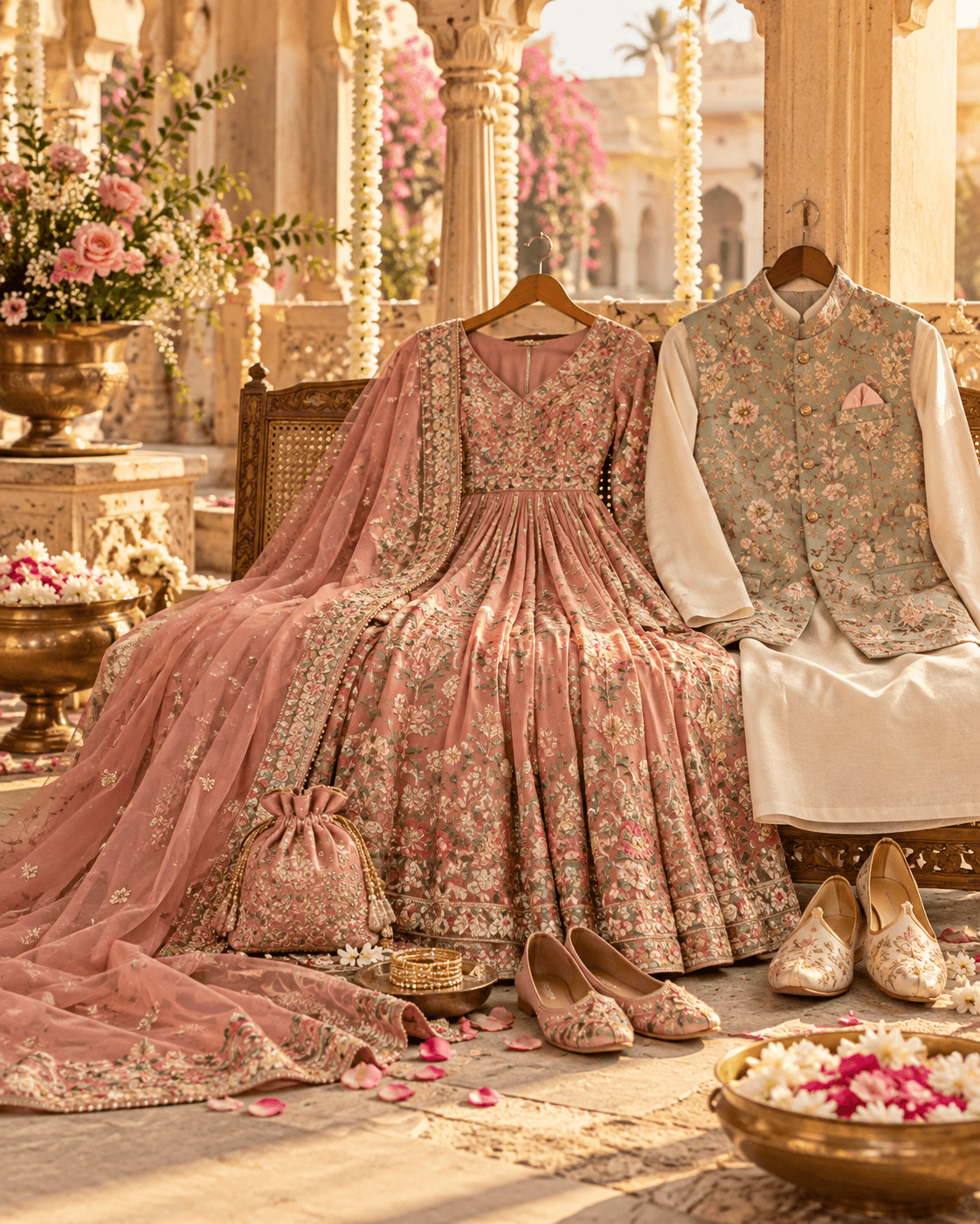 Blush embroidered dress and sage embroidered waistcoat displayed together in a heritage setting