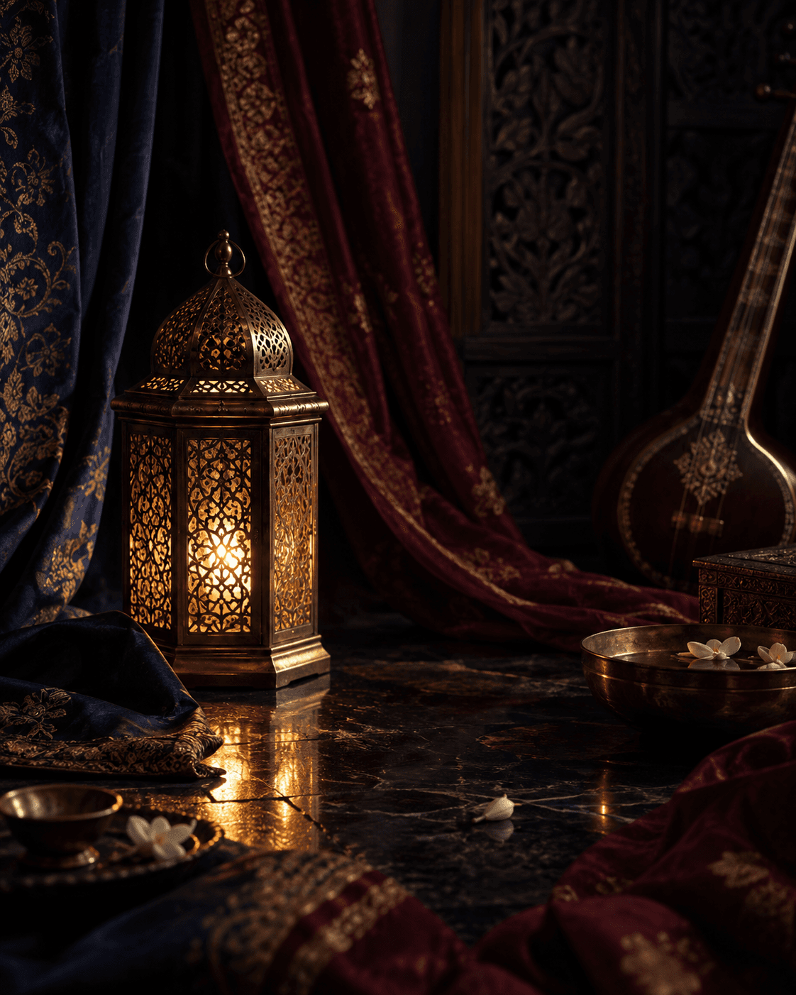 Editorial still life of a glowing brass lantern and dark textiles